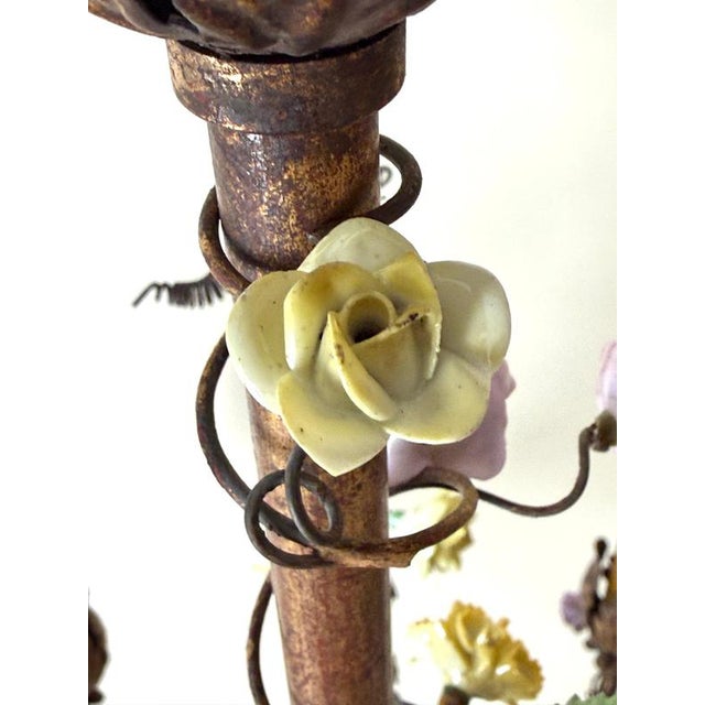 Italian Gilt Iron Five-Light Chandelier with Porcelain Flowers, 1930 For Sale - Image 18 of 18
