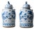 Pair of Chinese Blue and White Glazed Dragon Jars With Foo Dog Lid Finials For Sale
