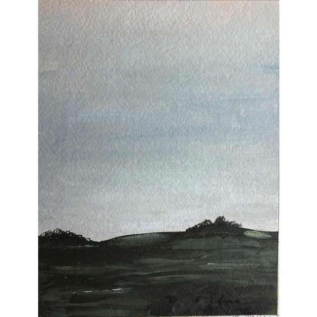 Fluid and mellow evening on a hill. Gouache on hand-dyed, hand-turned deckled edge paper on a dark green mat under gallery...