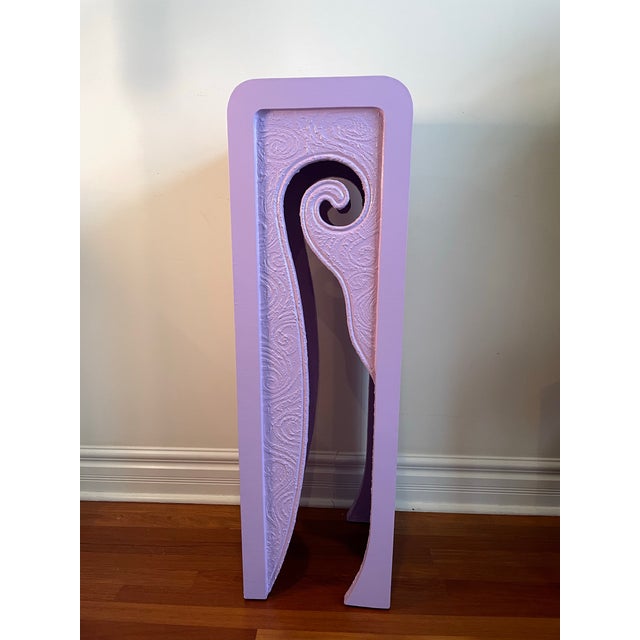 Sculptural late 1980s studio made Postmodern pedestal crafted from wood with an integrated cast plaster relief insert,...