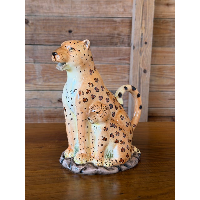 Vintage Hand-Painted Ceramic Leopard and Cub Figural Pitcher For Sale - Image 9 of 11