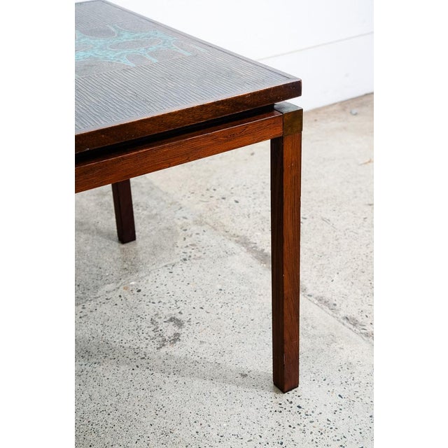 1960s Mid Century Danish Modern Coffee Table Rosewood Copper Etched Attributed to John Morkegaard For Sale - Image 4 of 12