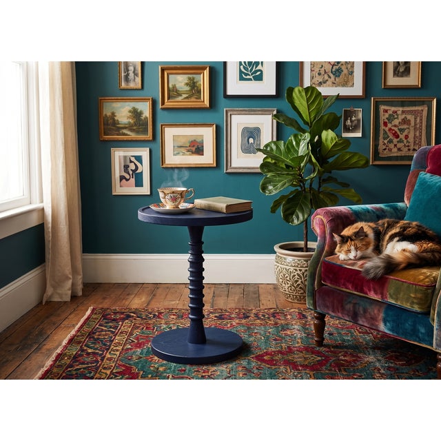 Navy Blue Threaded Drink Table Navy Blue For Sale - Image 8 of 10
