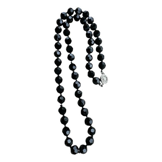 Vintage Black Faceted Glass Beaded Necklace For Sale