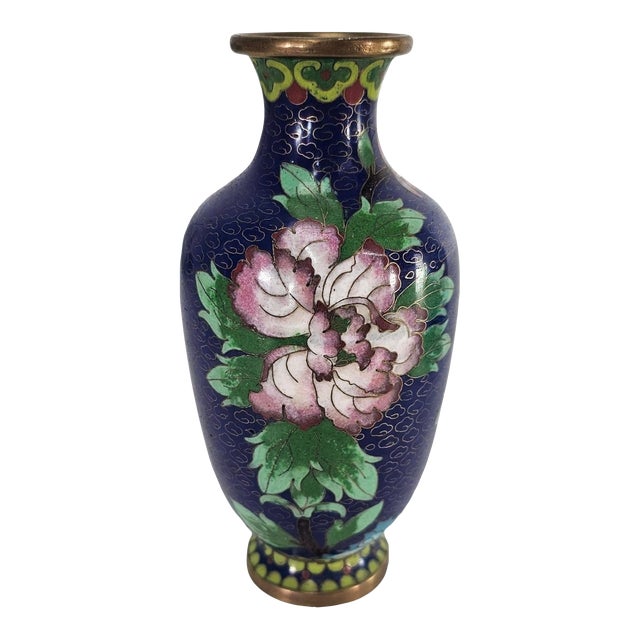 Chinese Cloisonné Floral Brass Vase 6.25" For Sale