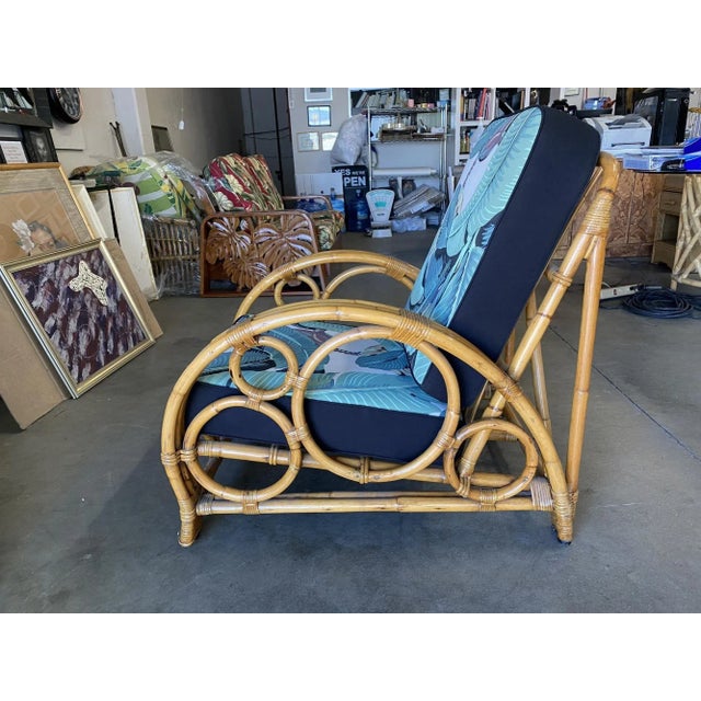 Blue Restored 3-Strand "Circles and Speed" Rattan Settee, Lounge Chair & Ottoman For Sale - Image 8 of 13