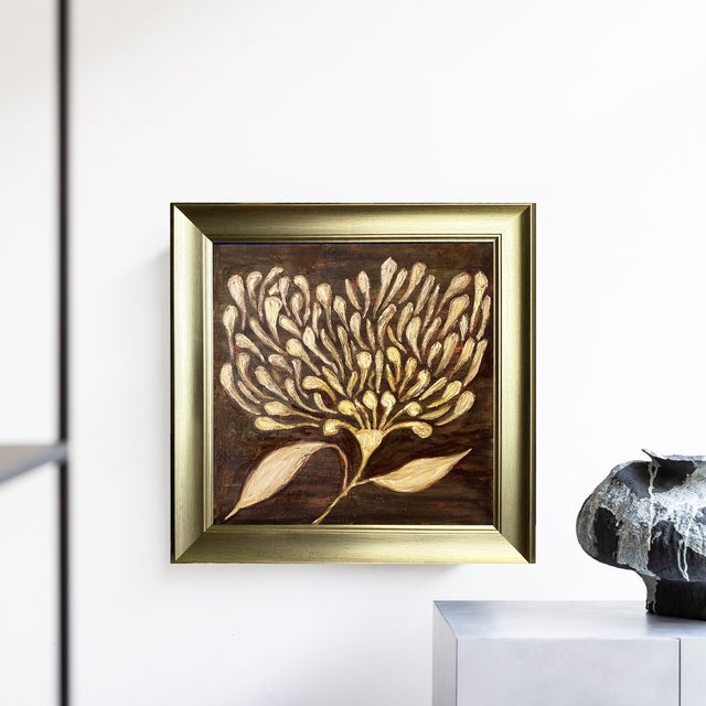 Original Framed Botanical Flower Painting, Dark Brown Wall Art, Oil on Canvas in Gold Frame, 14x14 Maximalist Boho Home Decor For Sale - Image 4 of 4