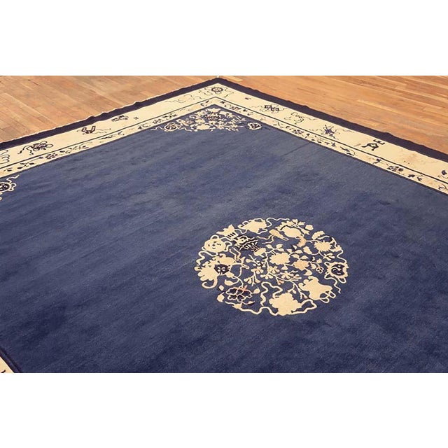 Chinese Fascinating Royal Blue Open Field With Floral Border in a Qing Style Antique Chinese Peking Rug For Sale - Image 3 of 6