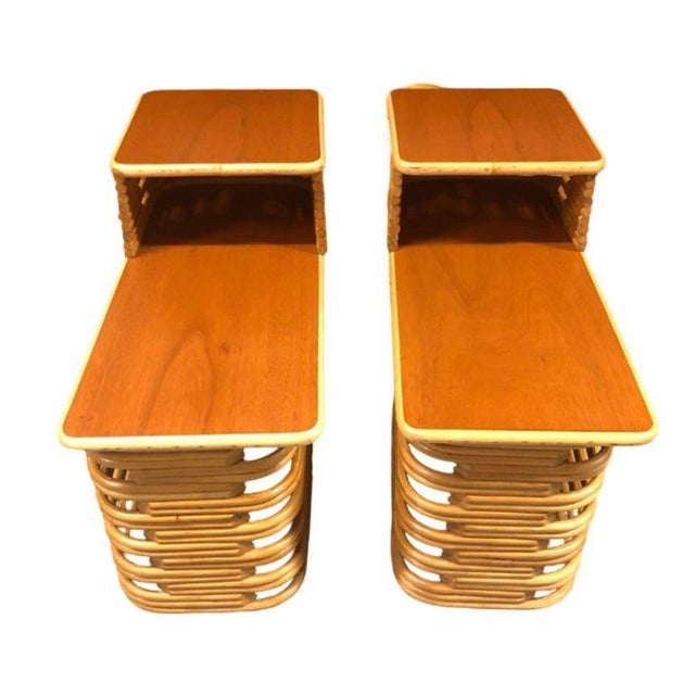 1950s Restored Stacked Rattan & Mahogany Side/Corner Table 3 Piece Set For Sale - Image 4 of 11