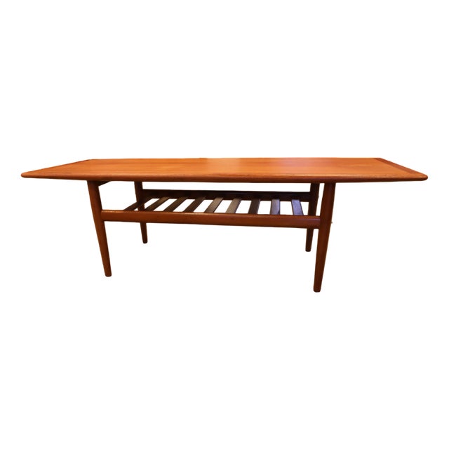 Vintage Coffee Table in Teak with Magazine Shelf and Chamfered Edge by Grete Jalk for Glostrup, 1960s For Sale