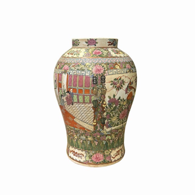 Chinese Chinese Oriental Porcelain People Scenery Flowers Round Fat Vase For Sale - Image 3 of 5