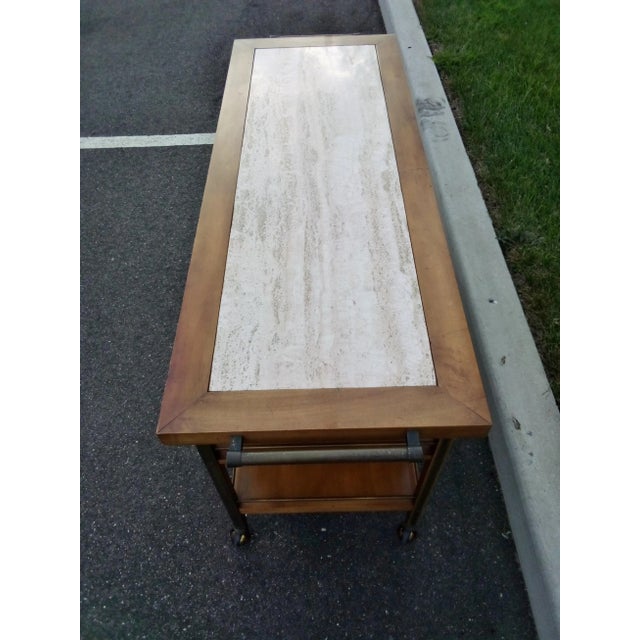 Mid-Century Modern Mid-Century Rolling Bar Cart Travertine Inlaid Top Burl Wood Doors & Brass Accents 48" Long! For Sale - Image 3 of 9