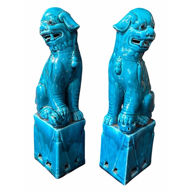 Pair of Antique Chinese Turquoise Pottery Foo Dogs Sculpture For Sale - Image 4 of 5