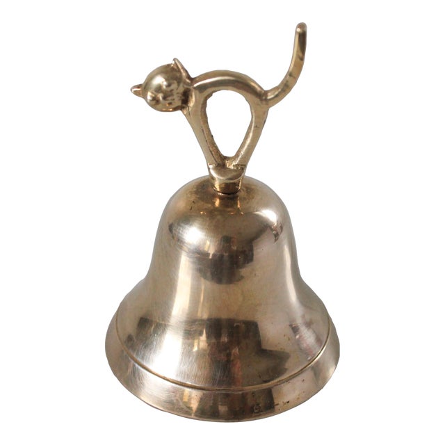 Mid-Century Polished Brass Arching Cat Dinner Bell For Sale