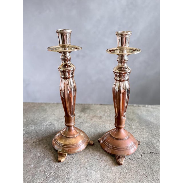 Silver Vintage Two Tone Candlesticks-Silver Plate-Copper-Brass-Pair-Metal-Taper Holders For Sale - Image 8 of 11