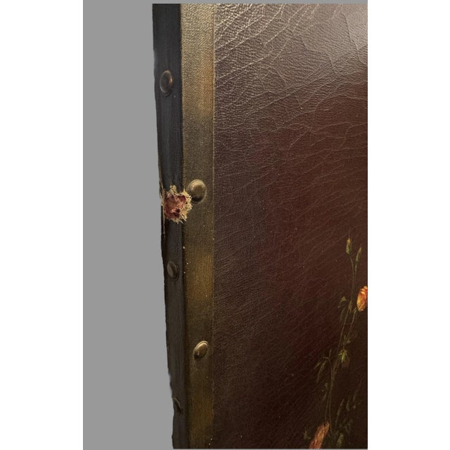 Animal Skin Antique Hand Painted Floral Decorated Folding Leather Dressing Screen For Sale - Image 7 of 9