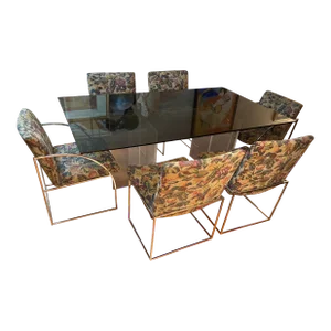 1970s Milo Baughman for Thayer Coggin Iridescent Lucite and Smoked Glass Dining Table and Set of Six Slim Line Dining Chairs