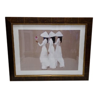 Large Framed Thai Artist Nguyen Thanh Binh School Girls With Lotus Flower Framed Wall Art Print For Sale