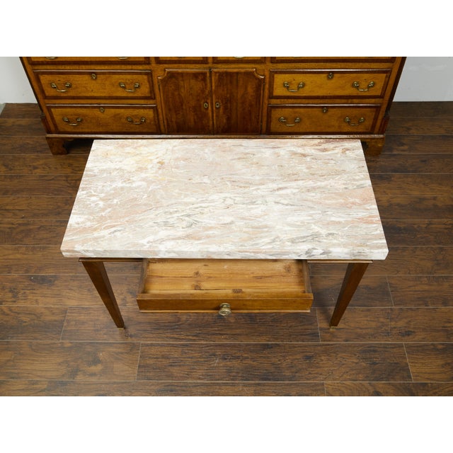19th Century French 19th Century Walnut Table with Marble Top, Single Drawer and Tapered Legs For Sale - Image 5 of 10