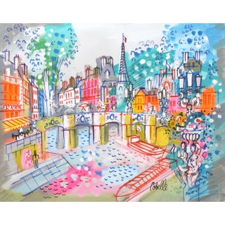 Paris Bridge With Eiffel Tower II, Charles Cobelle Acrylic on Canvas Painting For Sale