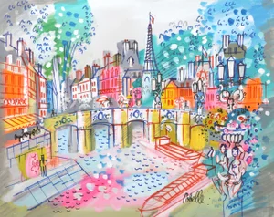 Paris Bridge With Eiffel Tower II, Charles Cobelle Acrylic on Canvas Painting