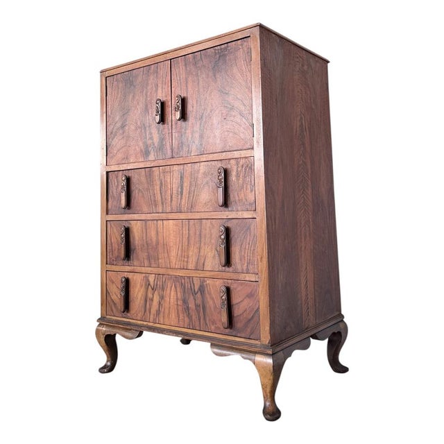 Art Deco Walnut Tallboy Chest of Drawers with Cabinet Top, 1930s For Sale - Image 3 of 10