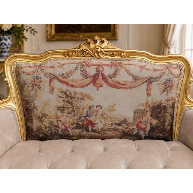 Late20C French Artisan LouisXVI Gold Beige Velvet Settee-1Pc For Sale - Image 12 of 15