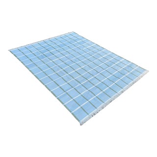 Handmade Cotton Natural Vegetable Dyed Sky Blue, Cream & Sage Green Windowpane Rug - 12'x15' For Sale