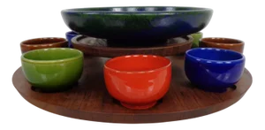 Rotating Teak Tray with Ceramic Bowls, Denmark, 1960s, Set of 10