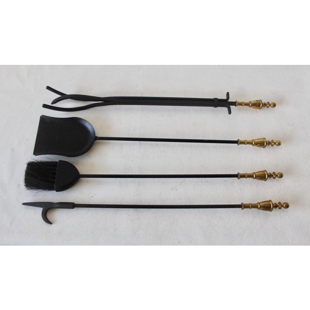 Pilgrim Vintage Mid-Century Brass Black Iron Fireplace Tool Set With Stand- 5 Pieces For Sale In Miami - Image 6 of 12