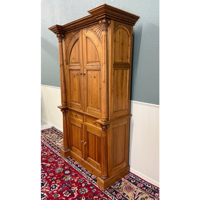Vintage English Large Pine Cupboard Cabinet Corinthian Capitals Fluted Columns For Sale - Image 4 of 16