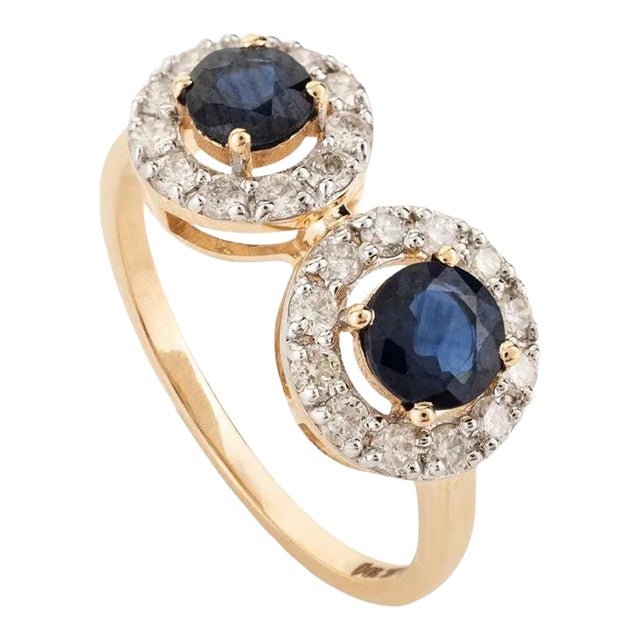 Two Stone Blue Sapphire Diamond Halo Ring Size 7 (All Sizes Available) For Sale
