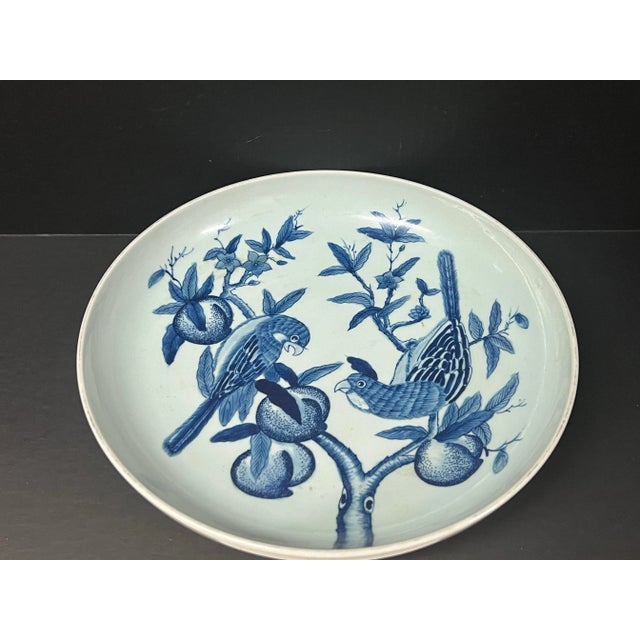 Late 20th Century Chinese Art Large Porcelain Blue and White Charger With Love Bird Design For Sale - Image 9 of 10