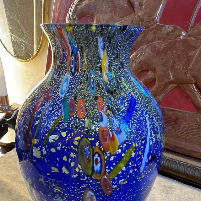 1980s Dino Martens Style Modernist Blue Murano Glass With Murrine Inserts Vase For Sale - Image 10 of 10