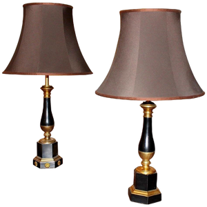 20th Century French Black Enamel Tole and Gilt Bronze Table Lamps with Silk Shade, Set of 2