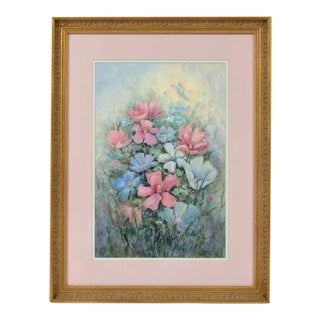 20th Century Watercolor on Paper Painting, Bouquet of Pink and Blue Flowers by Sylvia Dinsmore For Sale