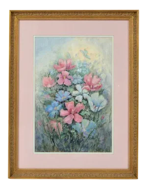 20th Century Watercolor on Paper Painting, Bouquet of Pink and Blue Flowers by Sylvia Dinsmore