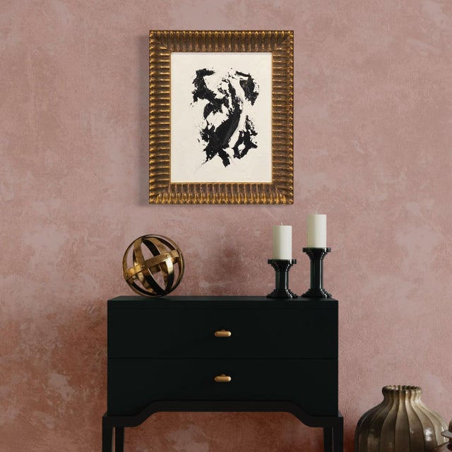 Obsidian Rift is a small-scale abstract expressionist painting dominated by a stark black impasto texture set against a...