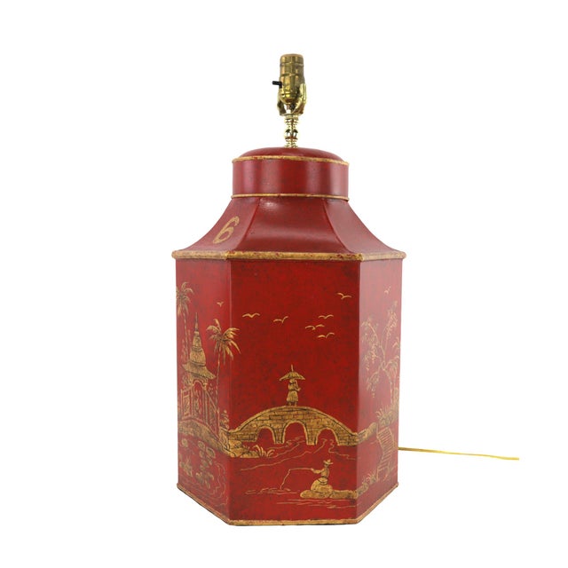 Early 21st Century A Pair of Vintage Red English Hexagon Metal Tea Cans Hand-Painted Chinoiserie Table Lamp For Sale - Image 5 of 11