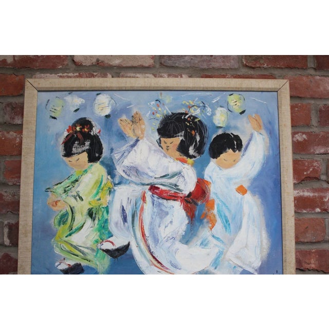 Japanese Dancing Geishas Oil on Canvas Signed Gudi For Sale In New York - Image 6 of 12