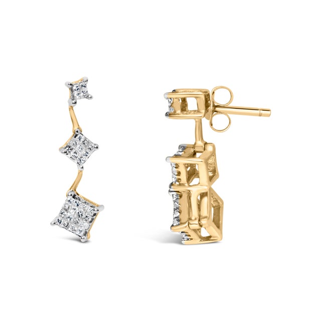 Contemporary 14K Yellow Gold 1 cttw Princess Cut Diamond Earrings (H-I, SI1-SI2) For Sale - Image 3 of 5