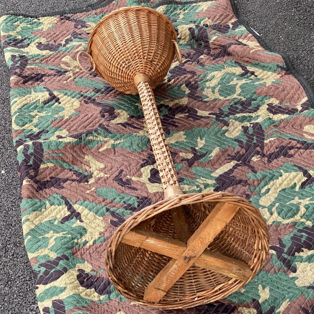 Mid-Century Natural Wicker Woven Rattan Plant Stand With Ring Handles For Sale - Image 9 of 13