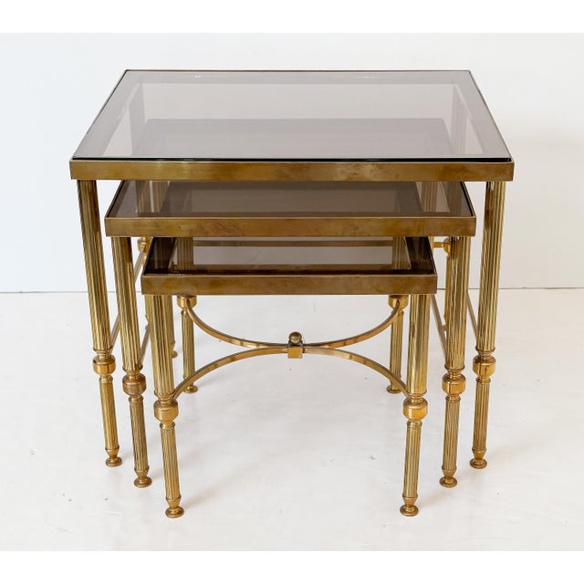 French Nesting Tables of Brass With Smoked Glass For Sale - Image 15 of 18
