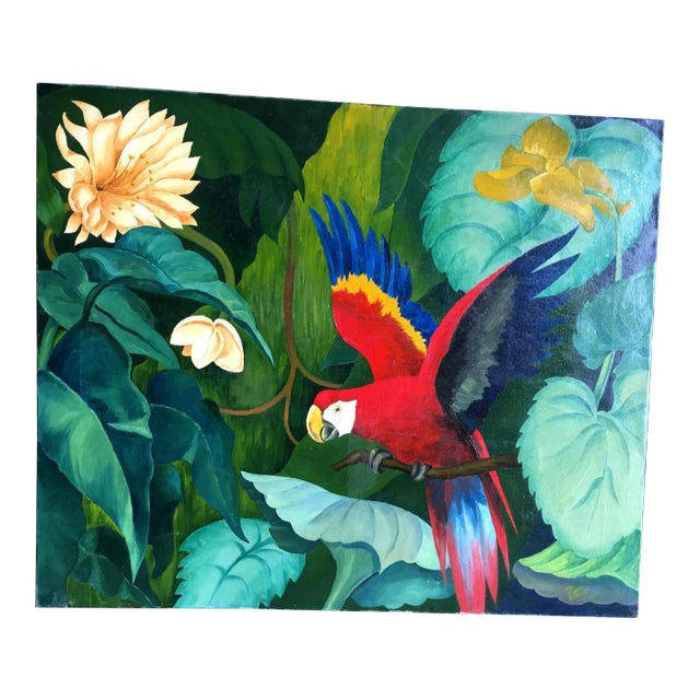 Large Tropical Hawaiian Scenic W Parrot Oil on Canvas Signed Pia Tole 1946 For Sale
