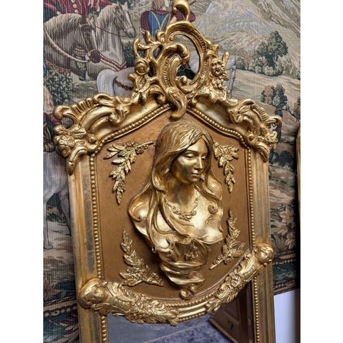 French Louis XVI Style Giltwood and Plaster Figural Beveled Mirrors, Set of 2 For Sale - Image 3 of 6