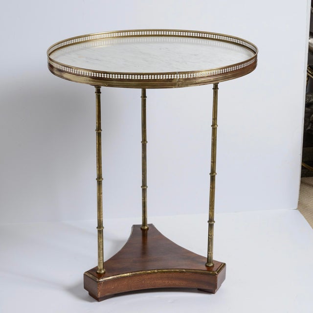Wood French White Marble Top and Brass Gallery Top End Table, Brass Legs For Sale - Image 7 of 10