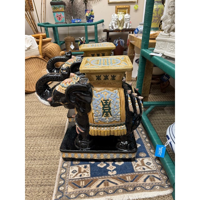Vintage Colorful Black Porcelain Elephant Garden Stools, a Pair For Sale In Orlando - Image 6 of 12