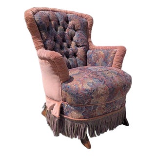Antique Tufted Rocking Chair, Custom Upholstered Victorian Accent Chair With Fringe Trim & Floral Velvet Fabric For Sale
