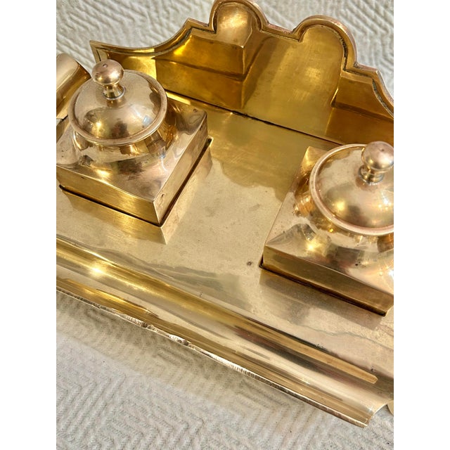 Vintage Mid 20th Century Solid Brass Double Desktop Ink Well For Sale - Image 9 of 12