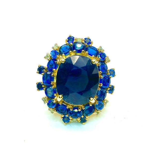Bochic "Orient" Vintage Blue Sapphire & Diamond Cluster Ring Set 18K & Siver For Sale - Image 10 of 18